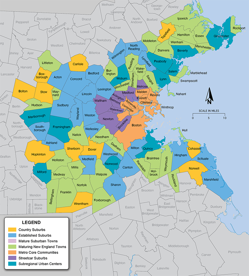 Figure 5 is a map that shows which Community Type each municipality in the Boston region belongs to. 